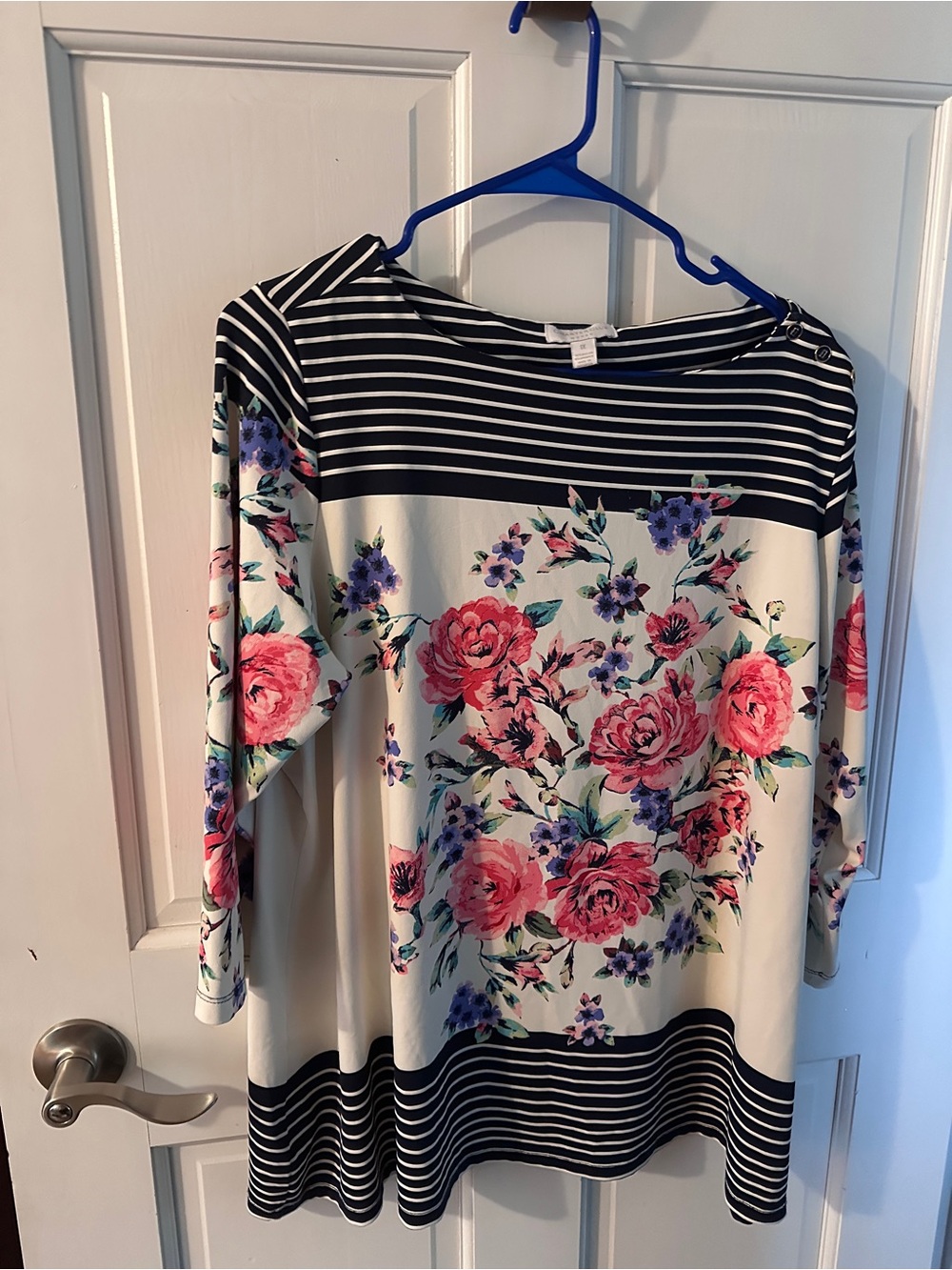 Charter Club Woman Navy Stripe Floral Boat Neck 3/4 Sleeve Top 1X